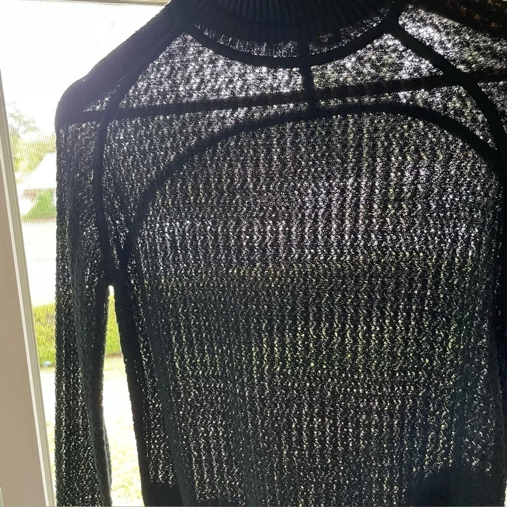 Alexander Wang Open Knit Mock Neck Sweater Top Cropped Slim Fit Black Medium